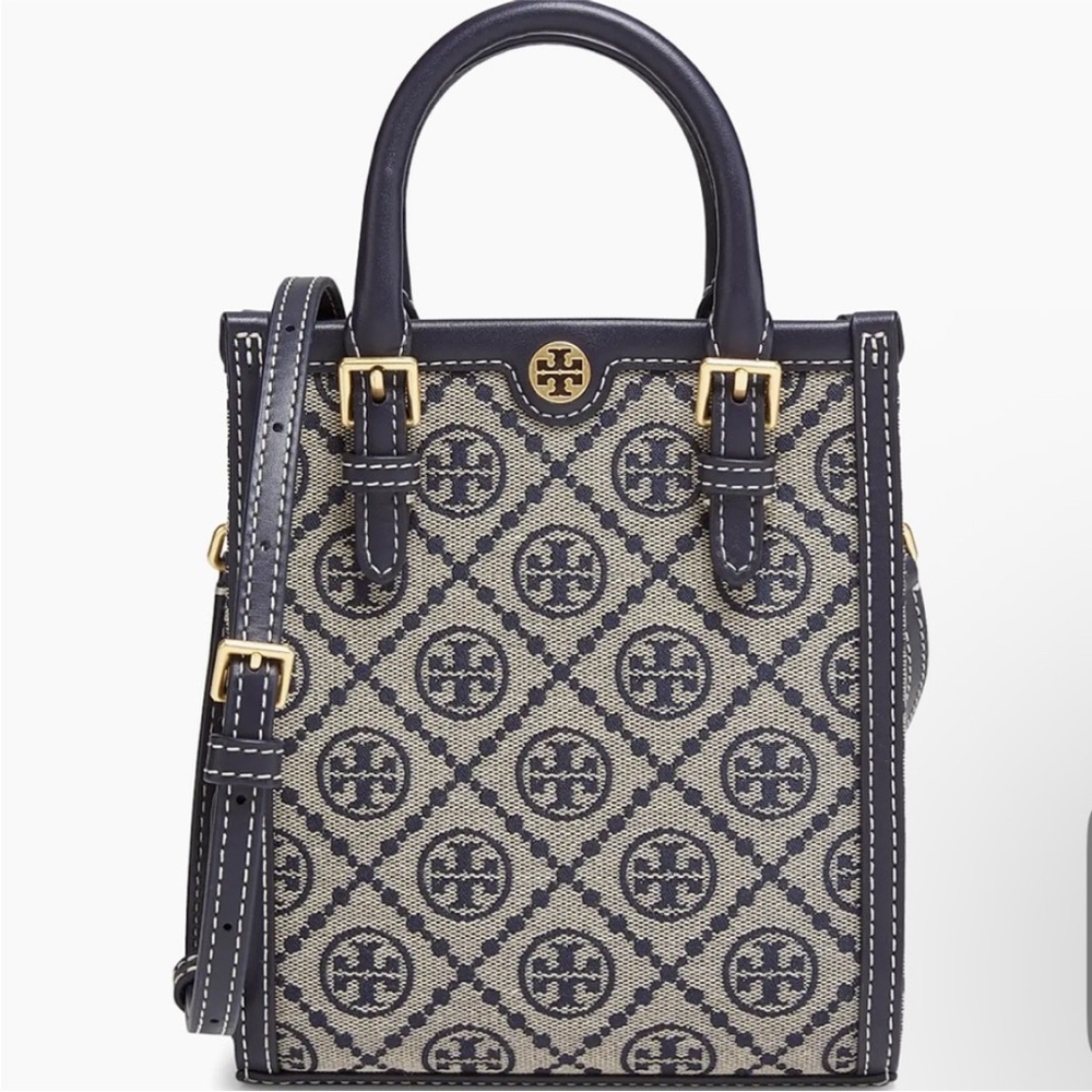 Tory Burch T Monogram Mini Jacquard Tote Navy Blue NWOT
